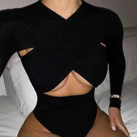 Women's Criss Cross Bandage Long Sleeve Cut Out Bodysuit