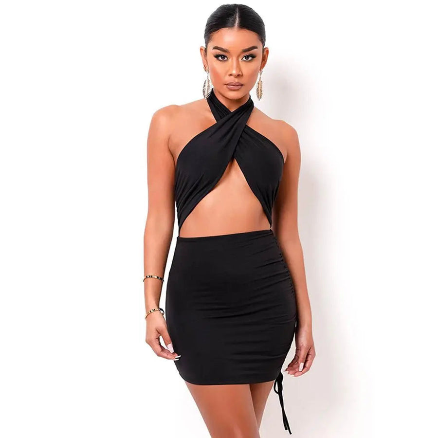 Women's Criss Cross Halter Neck Backless Ruched Mini Bodycon Dress