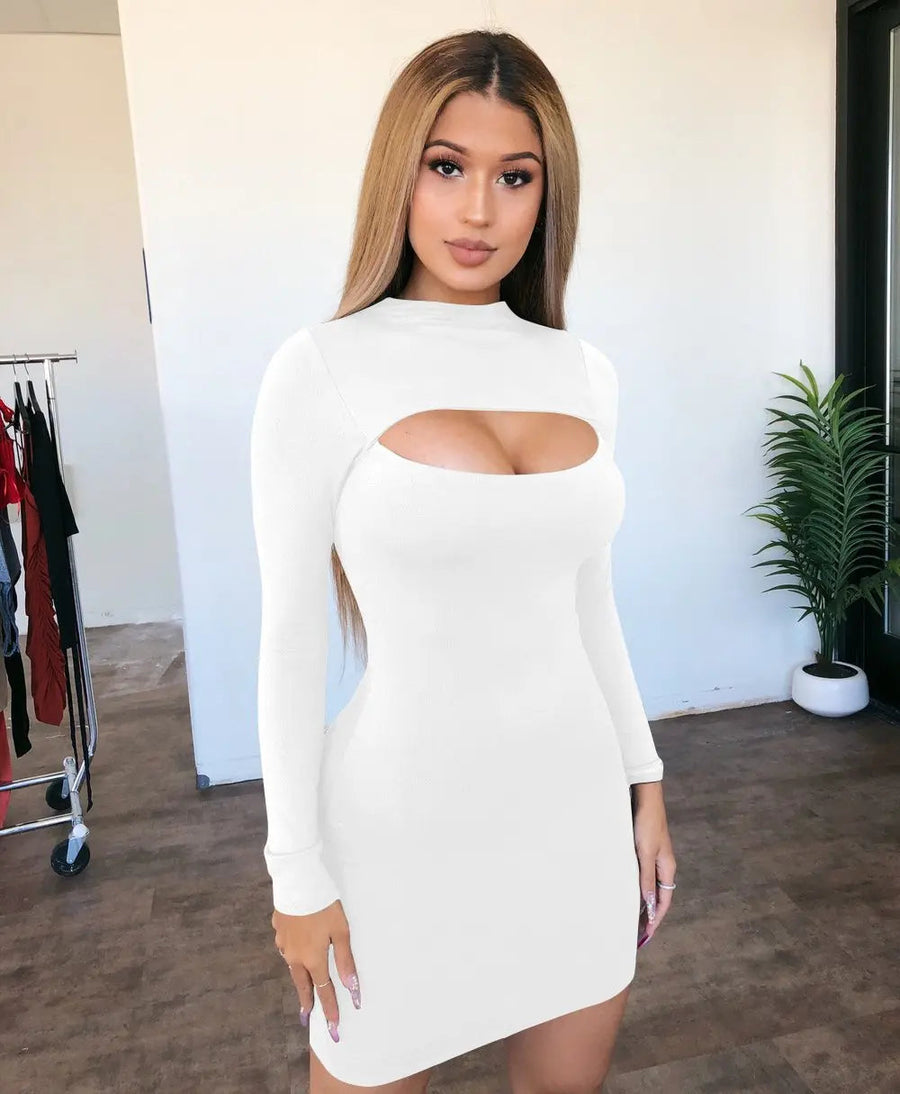 Women's Cut Out Front Long Sleeve Solid Mini Bodycon Dress