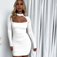 Women's Cut Out Front Long Sleeve Solid Ruched Mini Bodycon Dress