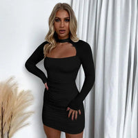 Women's Cut Out Front Long Sleeve Solid Ruched Mini Bodycon Dress
