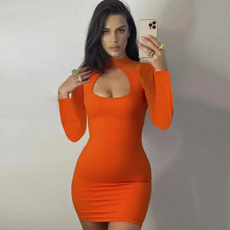 Women's Cut Out Long Sleeves Solid Skinny Knit Dresses