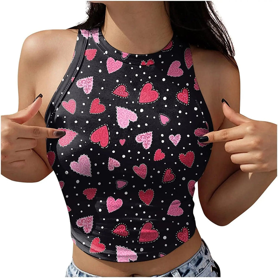 Women's Cute Heart Print Sleeveless Round Neck Tank Crop Tops