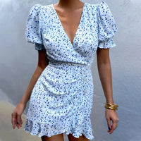 Women's Ditsy Floral Print Short Sleeve V Neck A Line Mini Dress