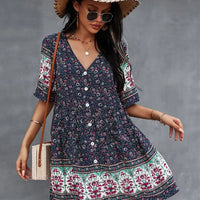 Women's Ditsy Floral Print V Neck Button Front Mini Dress With Pocket
