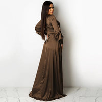 Women's Elegant Long Sleeve Deep V Neck Split Satin Party Maxi Dress