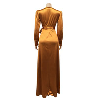 Women's Elegant Long Sleeve Deep V Neck Split Satin Party Maxi Dress