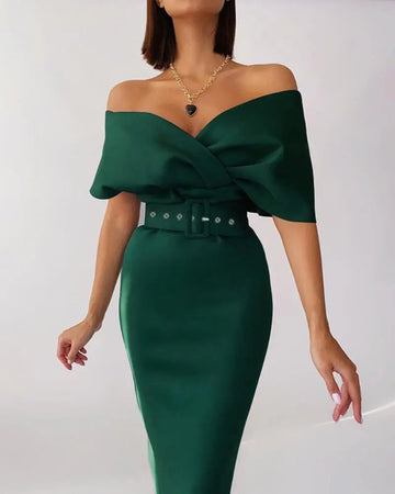 Women's Elegant Off The Shoulder Wrap Midi Dress With Belt