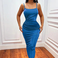 Women's Elegant Sleeveless Ruched Midi Cami Bodycon Dress