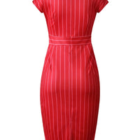 Women's Elegant Striped Cap Sleeve Split Back Midi Pencil Dress
