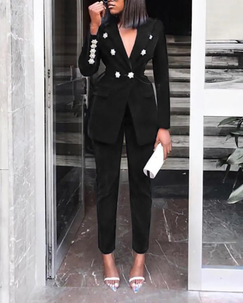 Women's Elegant Two Piece Button Decor Blazer And Pants Suit