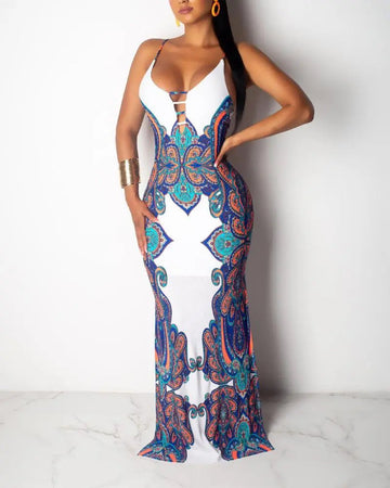 Women's Ethnic Print Backless Scoop Neck Maxi Cami Bodycon Dress