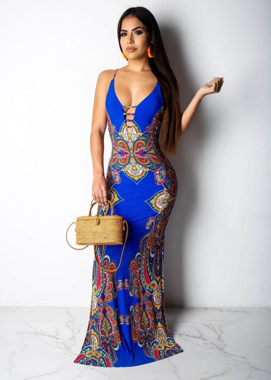 Women's Ethnic Print Backless Scoop Neck Maxi Cami Bodycon Dress
