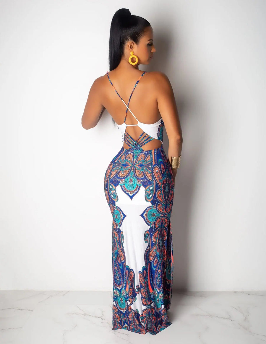 Women's Ethnic Print Backless Scoop Neck Maxi Cami Bodycon Dress