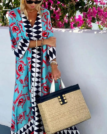 Women's Ethnic Print Half Sleeve V Neck Loose Maxi Dress