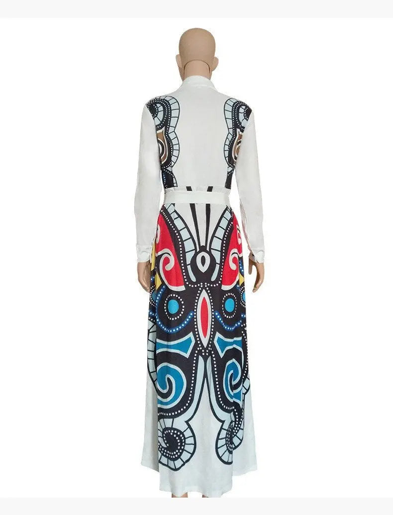 Women's Ethnic Print Long Sleeve Button Front Belted Maxi Dress
