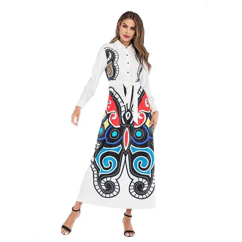 Women's Ethnic Print Long Sleeve Button Front Belted Maxi Dress