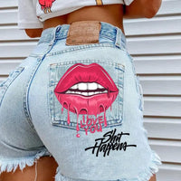 Women's Fashion Lips Print High Waist Raw Hem Denim Shorts