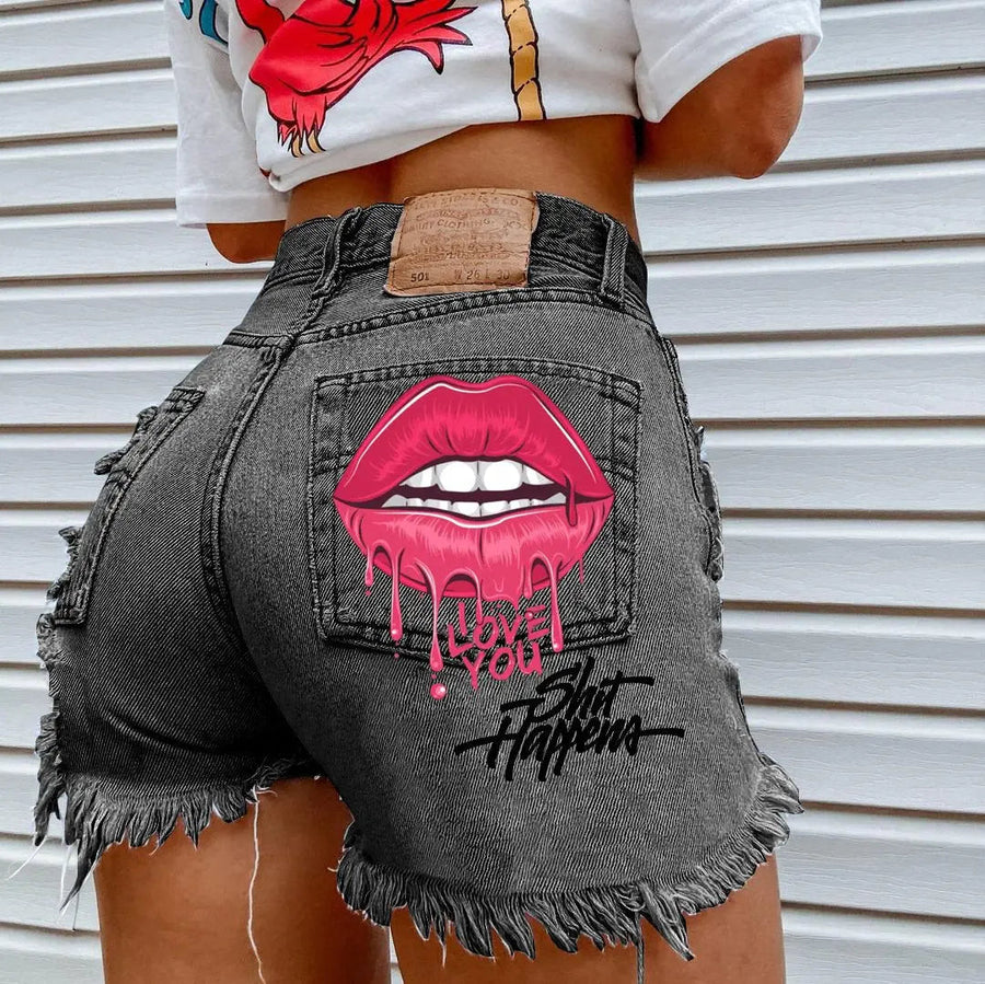 Women's Fashion Lips Print High Waist Raw Hem Denim Shorts
