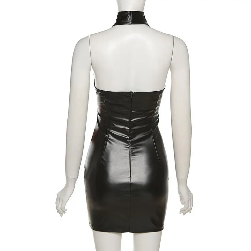 Women's Faux Leather Backless Criss Cross Halter Mini Bodycon Dress