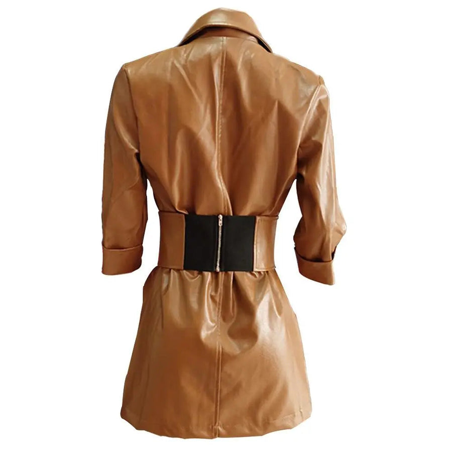 Women's Faux Leather Half Sleeve Shawl Collar Blazer Dress With Belt