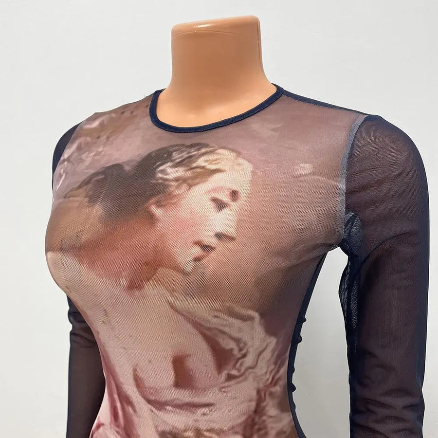 Women's Figure Print Color Block Long Sleeve Mesh Mini Bodycon Dress