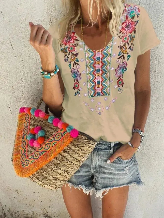 Women's Floral Ethnic Short Sleeves V Neck Shirt Casual Tops