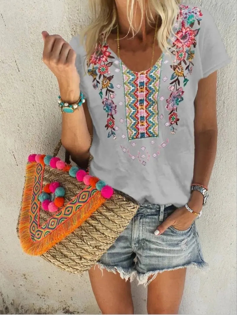 Women's Floral Ethnic Short Sleeves V Neck Shirt Casual Tops