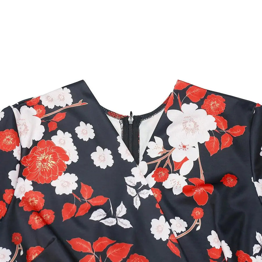 Women's Floral Print 3/4 Sleeve Ruffle Trim Split Midi Dress With Belt