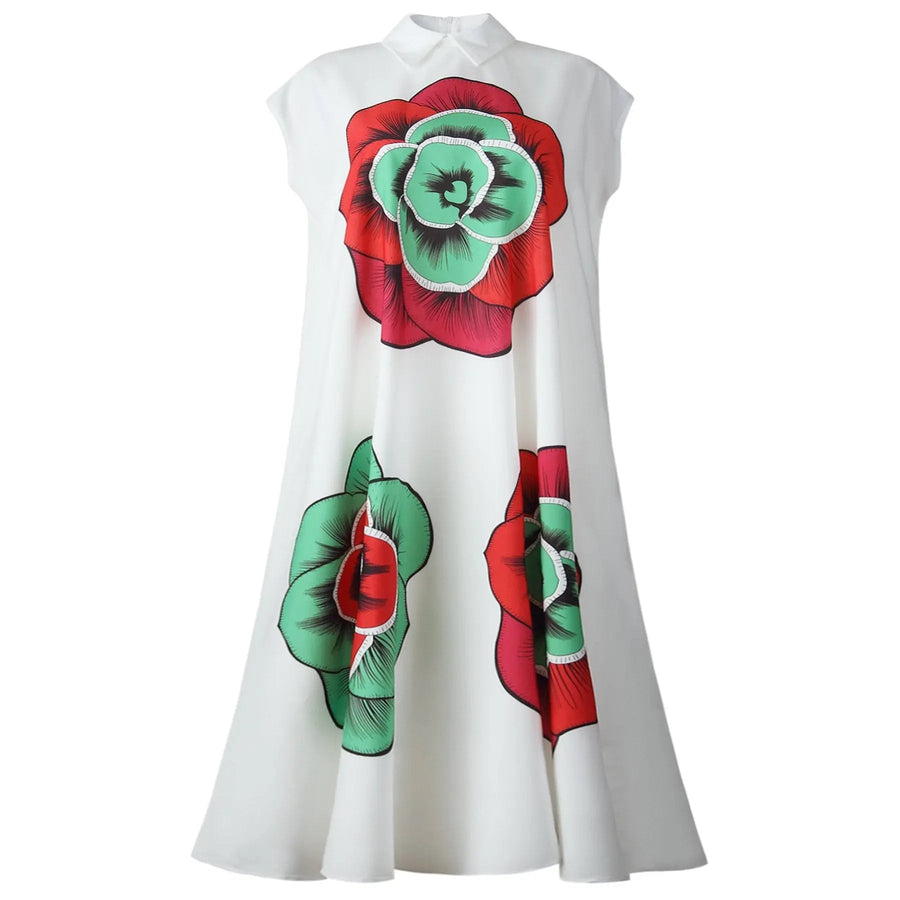 Women's Floral Print Cap Sleeve Lapel Collar Loose Midi Dress