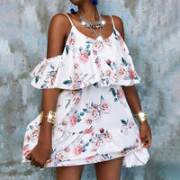 Women's Floral Print Cold Shoulder Ruffle Hem A Line Cami Dress