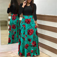 Women's Floral Print Color Block Long Sleeve A Line Maxi Dress