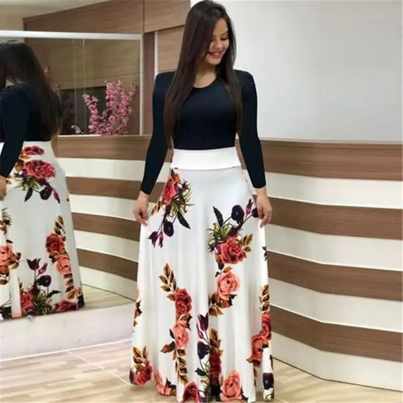 Women's Floral Print Color Block Long Sleeve A Line Maxi Dress