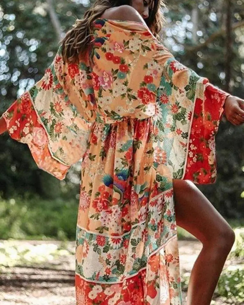 Women's Floral Print Long Sleeve Belted Swimsuit Cover Ups