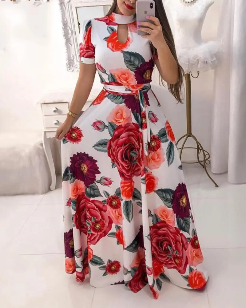 Women's Floral Print Neck Waist Swing Dress