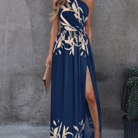Women's Floral Print One Shoulder Sleeveless Split Party Maxi Dress