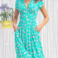 Women's Floral Print Short Sleeve V Neck Pocket A Line Dress