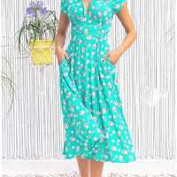 Women's Floral Print Short Sleeve V Neck Pocket A Line Dress