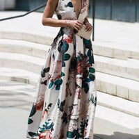 Women's Floral Print Sleeveless Deep V Neck Ruffle Maxi Dress