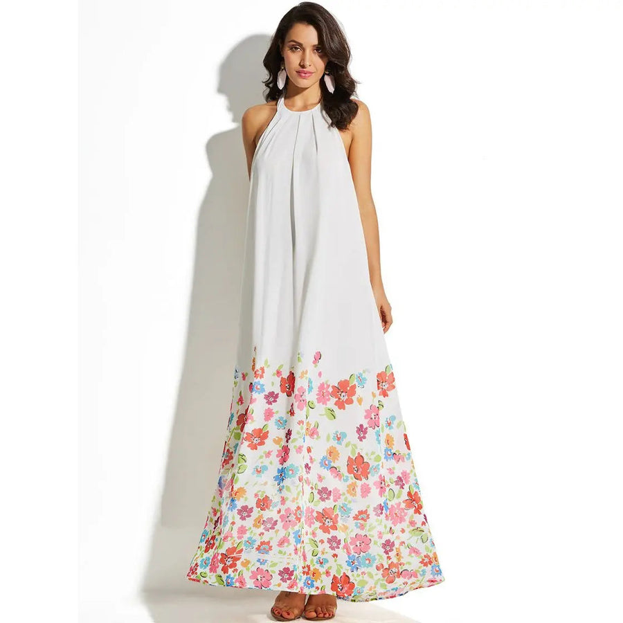Women's Floral Print Sleeveless Halter Neck Maxi Dress