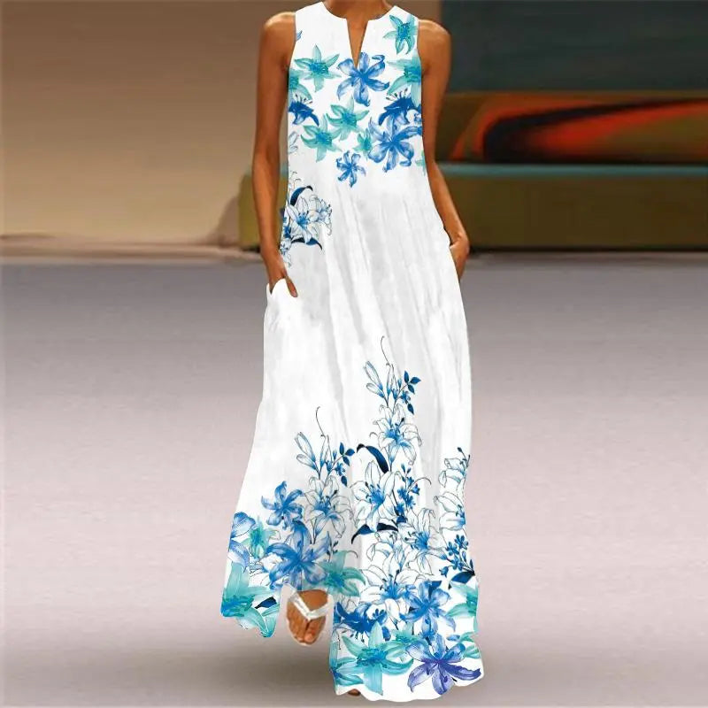 Women's Floral Print Sleeveless Notch Neck Maxi Dress