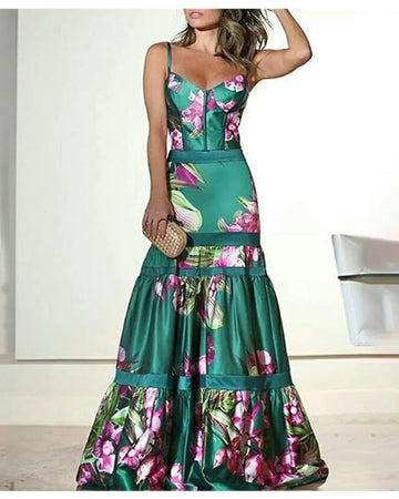 Women's Floral Print Sleeveless Ruffle Hem Party Maxi Dress