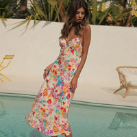 Women's Floral Print Sleeveless Tie Knot Front Ruched Bust Midi Cami Dress