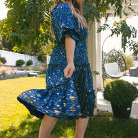 Women's Floral Print Square Neck Short Sleeve A Line Maxi Dress