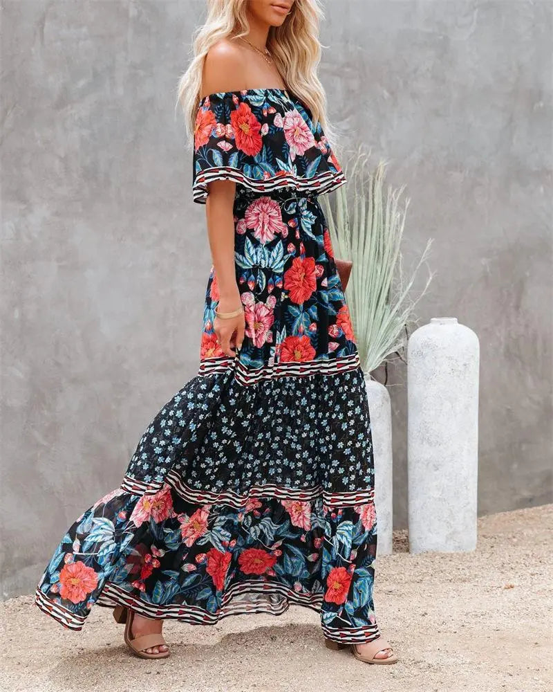 Women's Floral Printed Boat Neck Boho Long Vacation Dresses