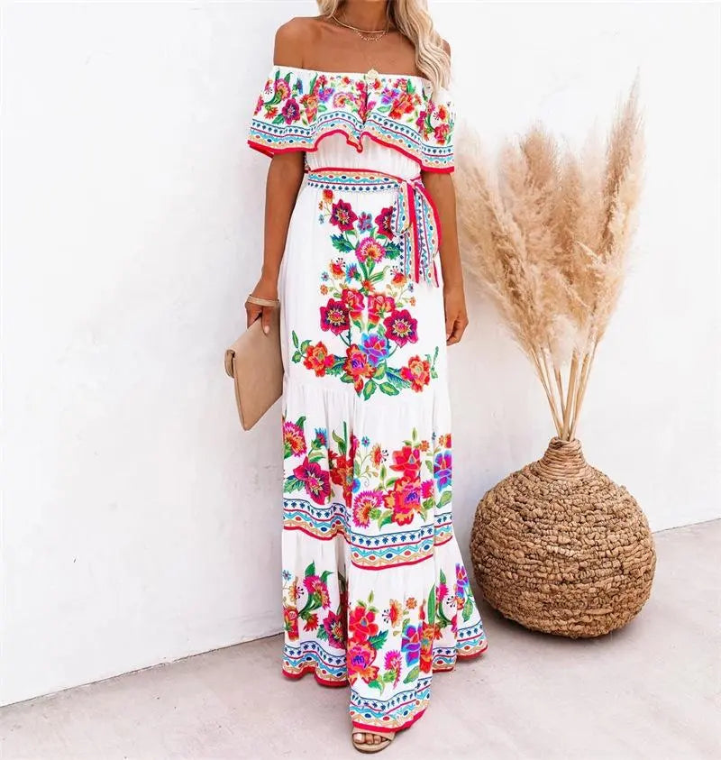 Women's Floral Printed Boat Neck Boho Long Vacation Dresses