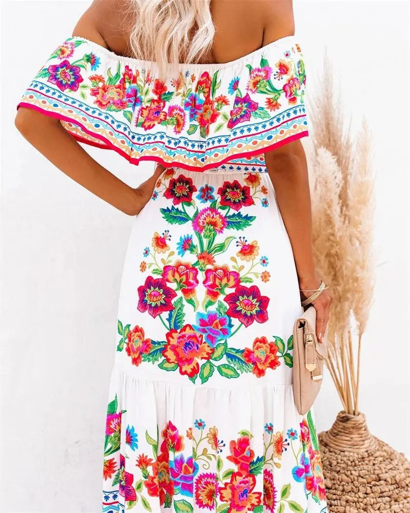 Women's Floral Printed Boat Neck Boho Long Vacation Dresses