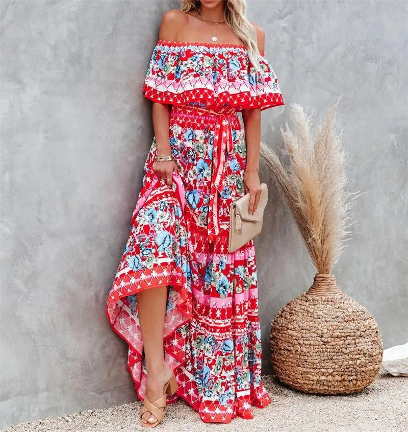 Women's Floral Printed Boat Neck Boho Long Vacation Dresses