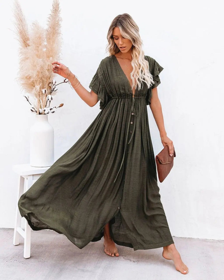 Women's Flutter Short Sleeve V Neck Botton Front Maxi Dress