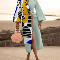 Women's Geo Print Lantern Sleeve Shawl Collar Wool Blend Coat